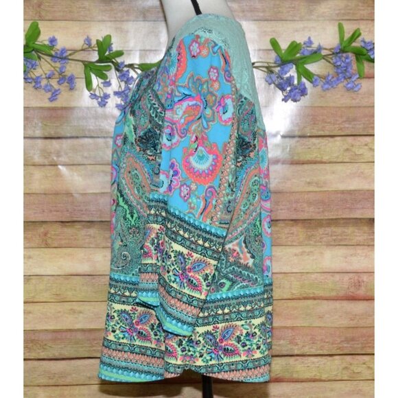 Figueroa & Flower Womens 2X Green Floral Lace Up Lace Back Blouse Tunic Top - Picture 7 of 14